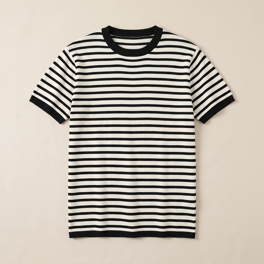 ETRNAL Striped Ringer Tee in Black, flat lay