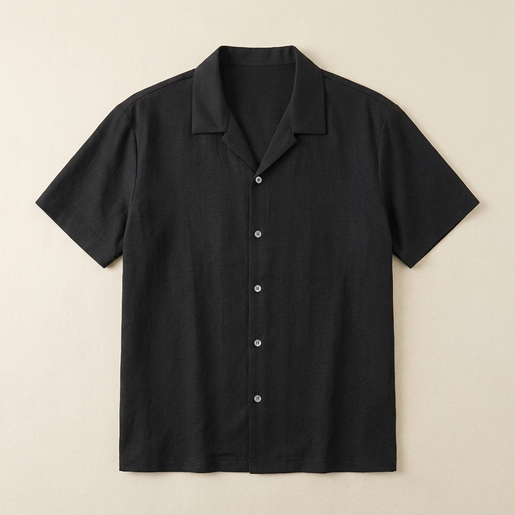 ETRNAL Short Sleeve Linen Shirt in Black, flat lay