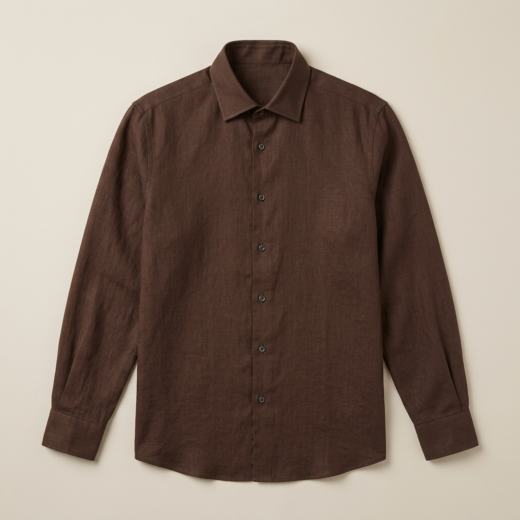 ETRNAL Long Sleeve Linen Shirt in Brown, flat lay