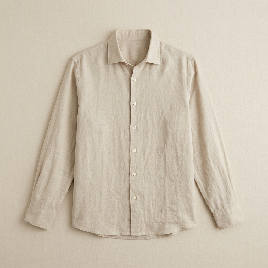 ETRNAL Long Sleeve Linen Shirt in Beige, flat lay