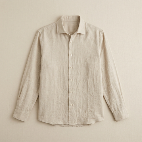 ETRNAL Long Sleeve Linen Shirt in Beige, flat lay