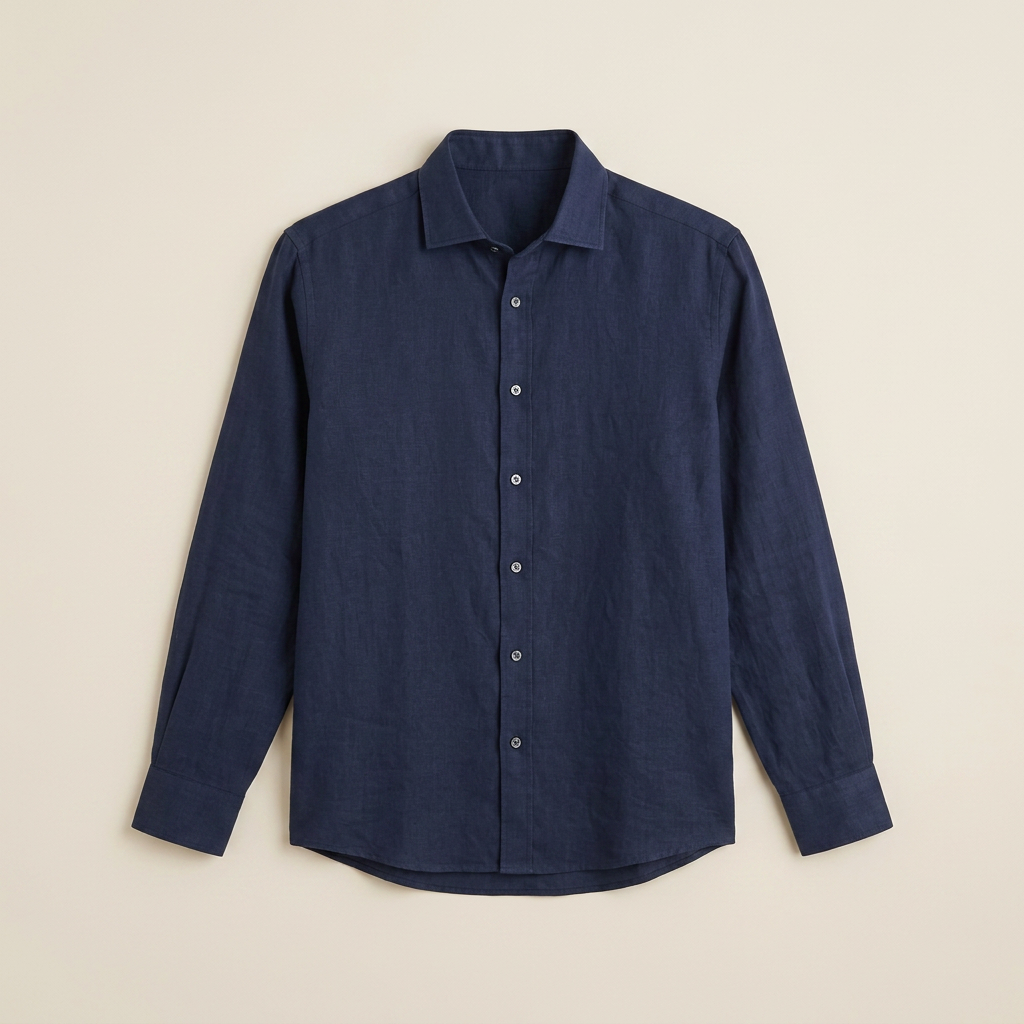 ETRNAL Long Sleeve Linen Shirt in Navy, flat lay