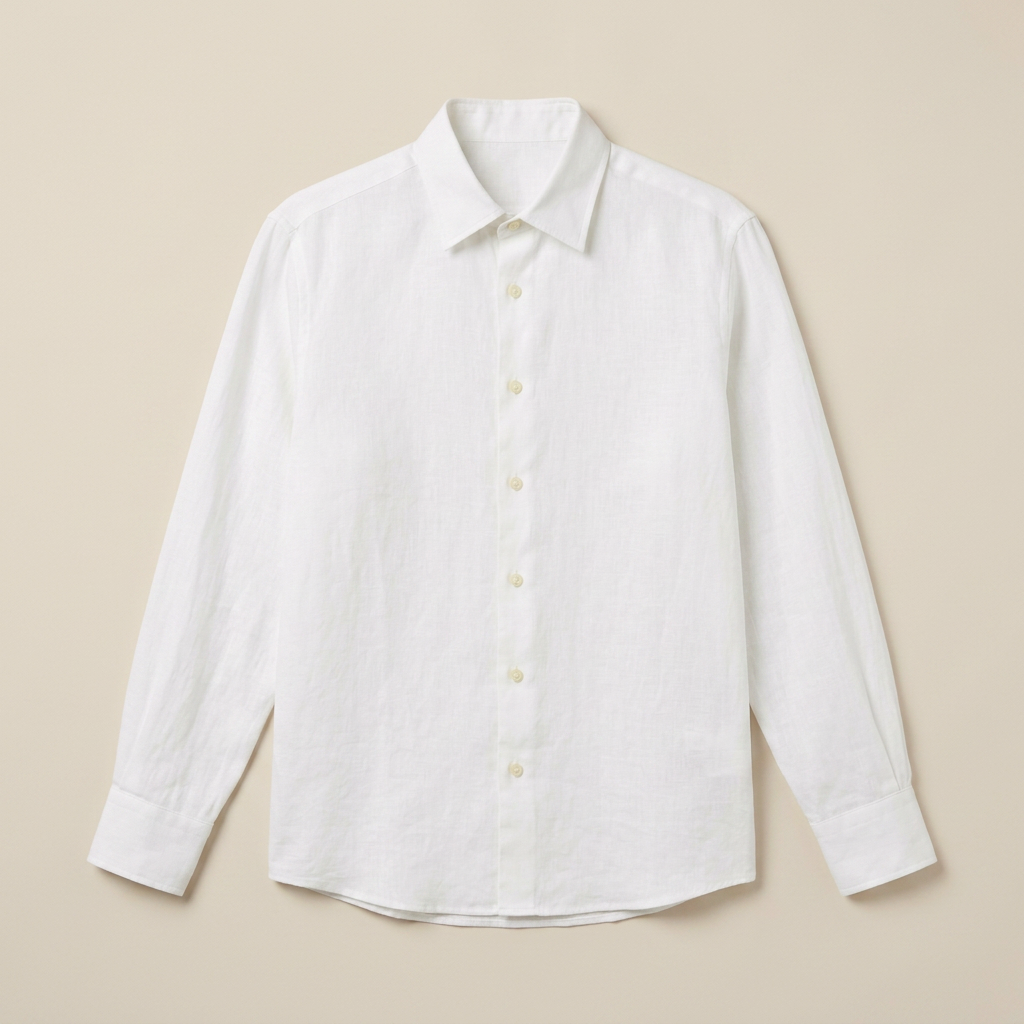 ETRNAL Long Sleeve Linen Shirt in White, flat lay