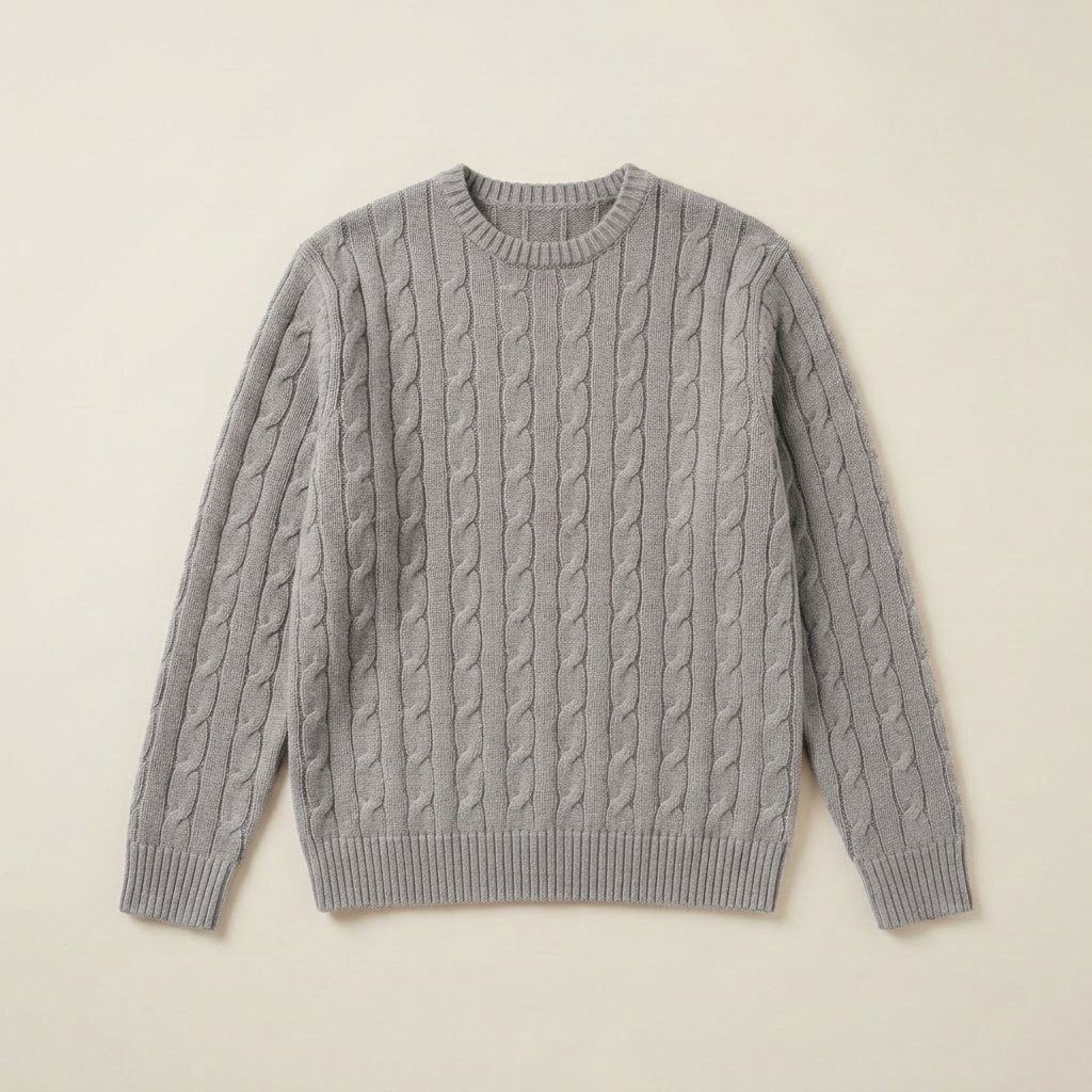 ETRNAL Cable Knit Sweater in Grey, flat lay