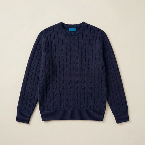 ETRNAL Cable Knit Sweater in Sapphire Blue, flat lay