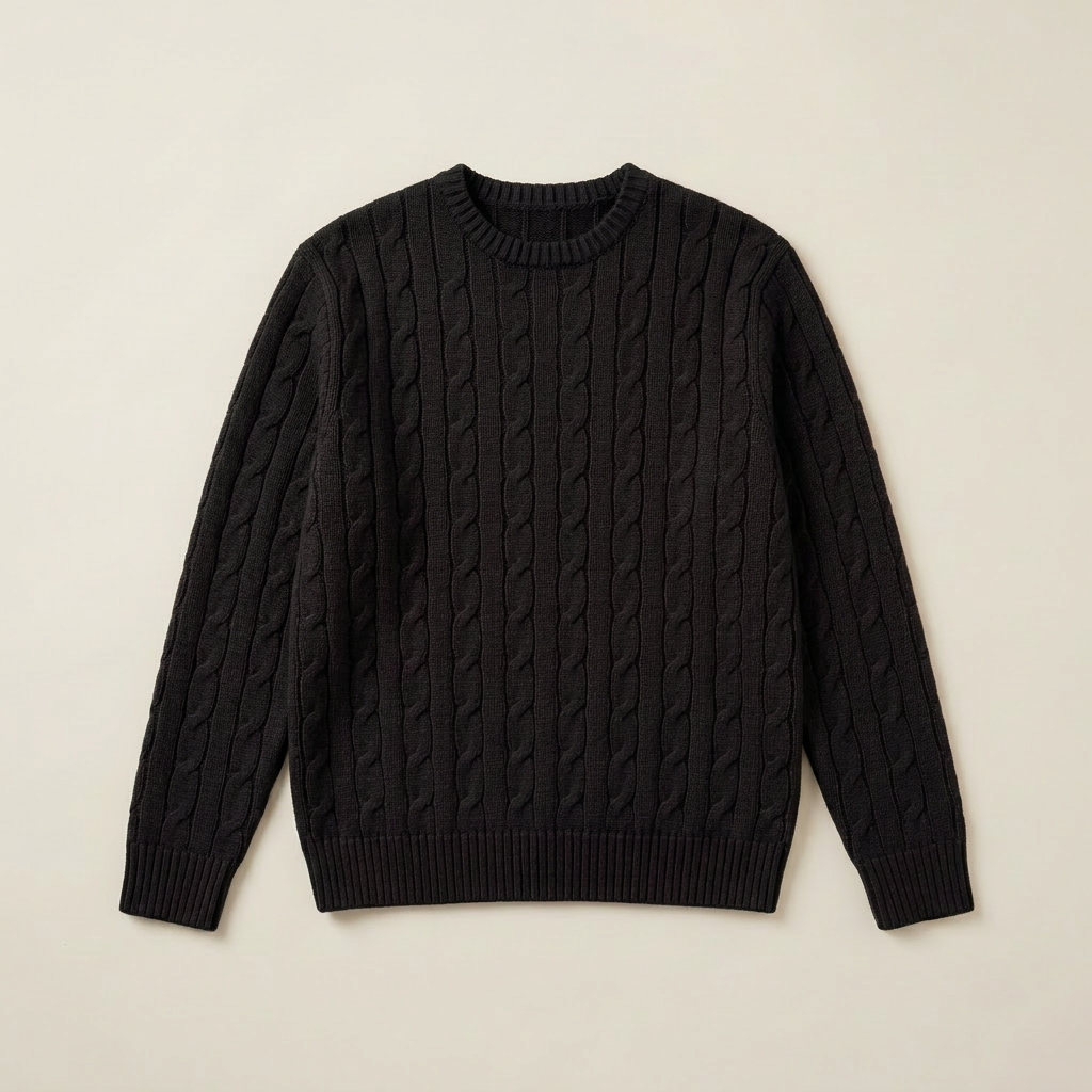 ETRNAL Cable Knit Sweater in Black, flat lay
