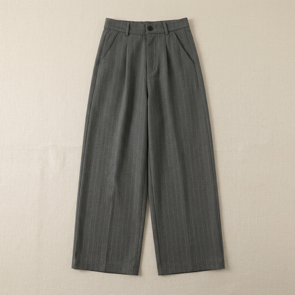 ETRNAL Pinstripe Trouser in Grey, flat lay