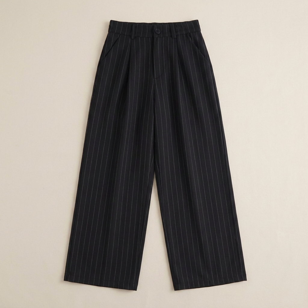 ETRNAL Pinstripe Trouser in Black, flat lay