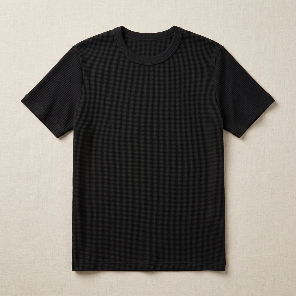 ETRNAL Waffle Knit Tee in Black, flat lay