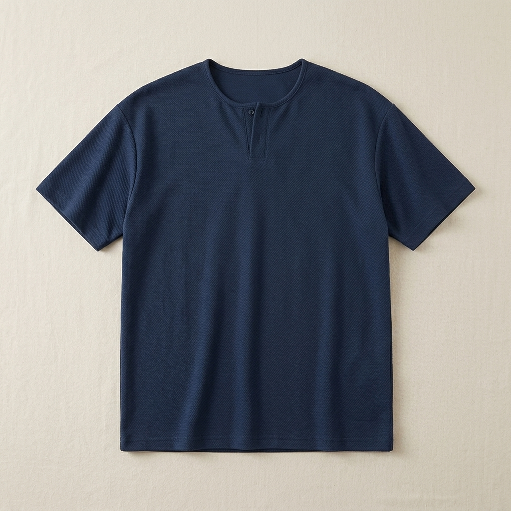 ETRNAL Short Sleeve Waffle Henley in Blue, flat lay