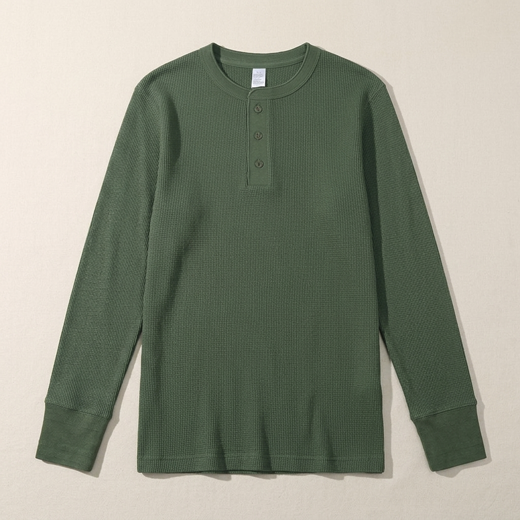 ETRNAL Long Sleeve Waffle Henley in Olive Green, flat lay