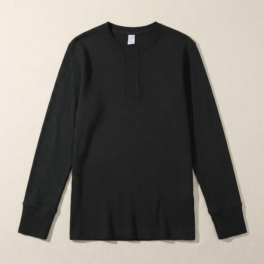 ETRNAL Long Sleeve Waffle Henley in Black, flat lay