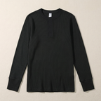 ETRNAL Long Sleeve Waffle Henley in Black, flat lay
