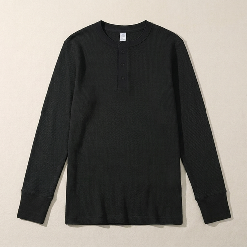 ETRNAL Long Sleeve Waffle Henley in Black, flat lay