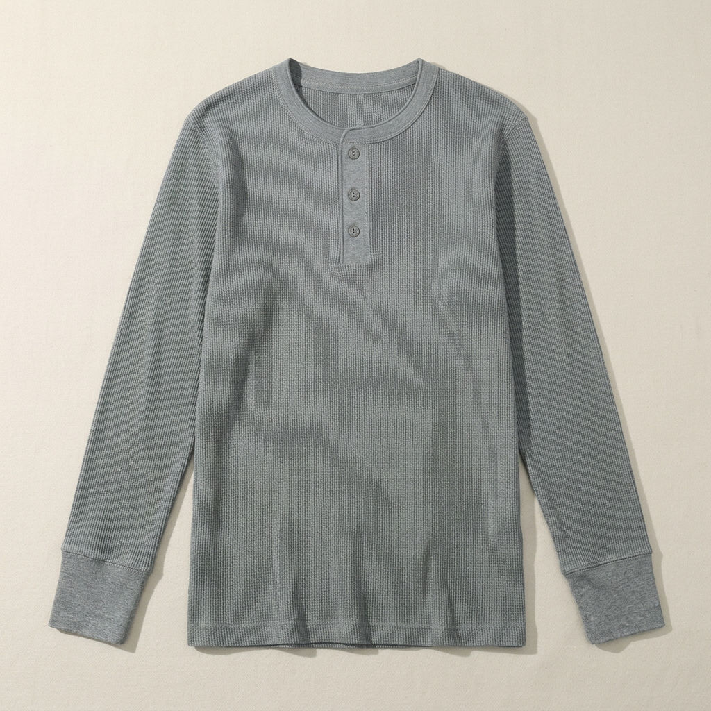 ETRNAL Long Sleeve Waffle Henley in Hemp Grey, flat lay