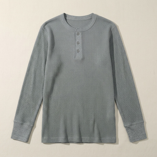 ETRNAL Long Sleeve Waffle Henley in Hemp Grey, flat lay