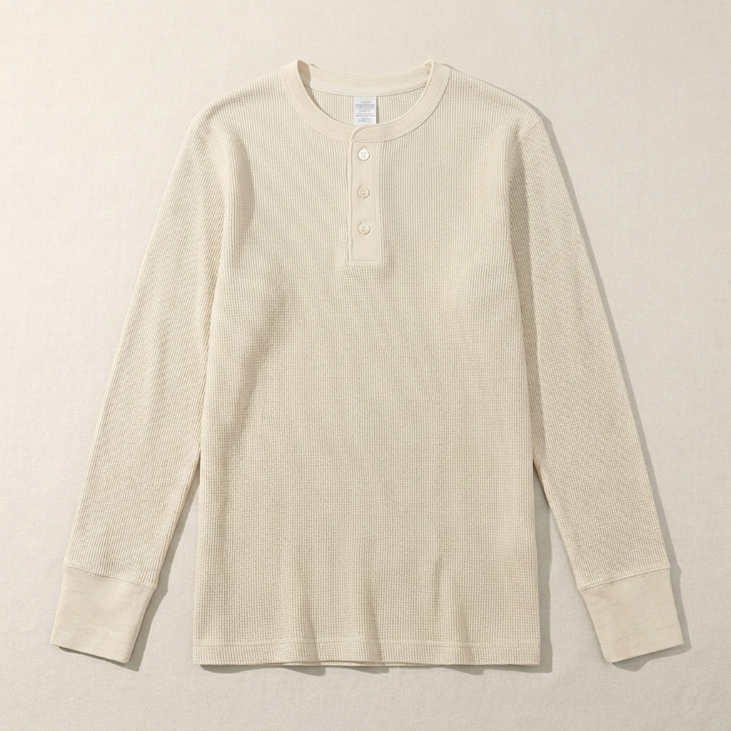 ETRNAL Long Sleeve Waffle Henley in White, flat lay