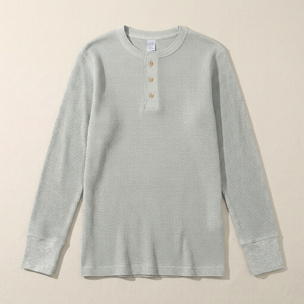 ETRNAL Long Sleeve Waffle Henley in Grey, flat lay