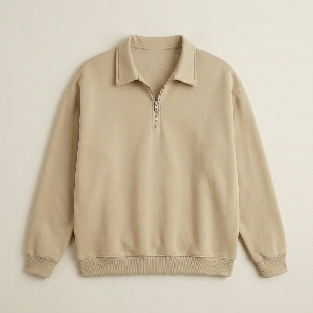 ETRNAL Quarter Zip in Khaki, flat lay